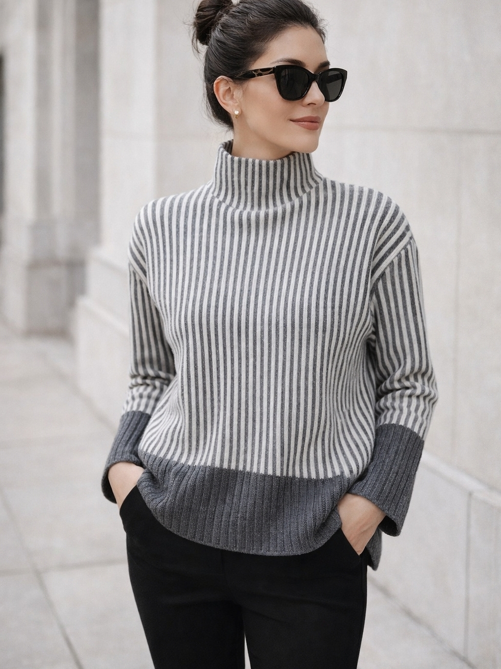 Rachel Zoe Striped Mock Neck Sweater Gray White Ribbed Size M